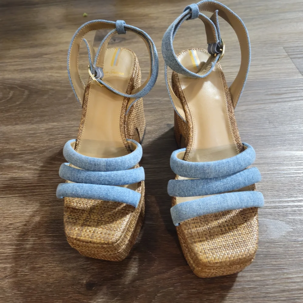 Sam Edelman Tibby Blue Denim Platform Wedge Sandals Sz 8.5 - Picture 6 of 12
